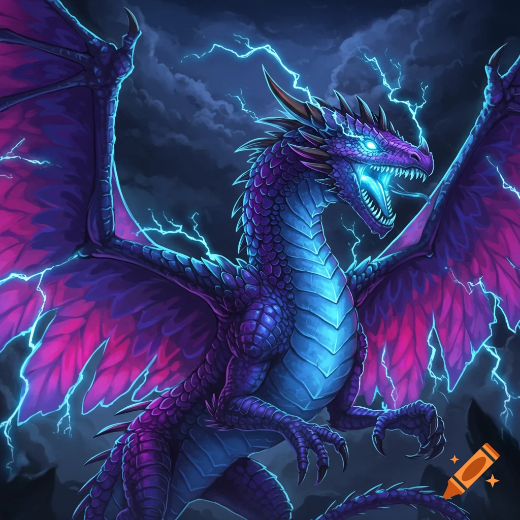 A purple and blue electric wyvern is roaring with lightning erupting around it.
