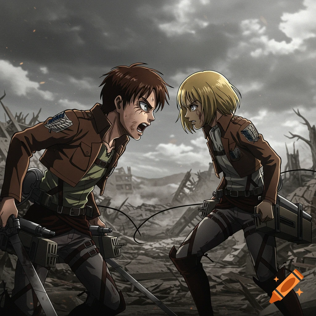 Anime drawing of Eren Yeager yelling at Armin Arlet in a ruined city.