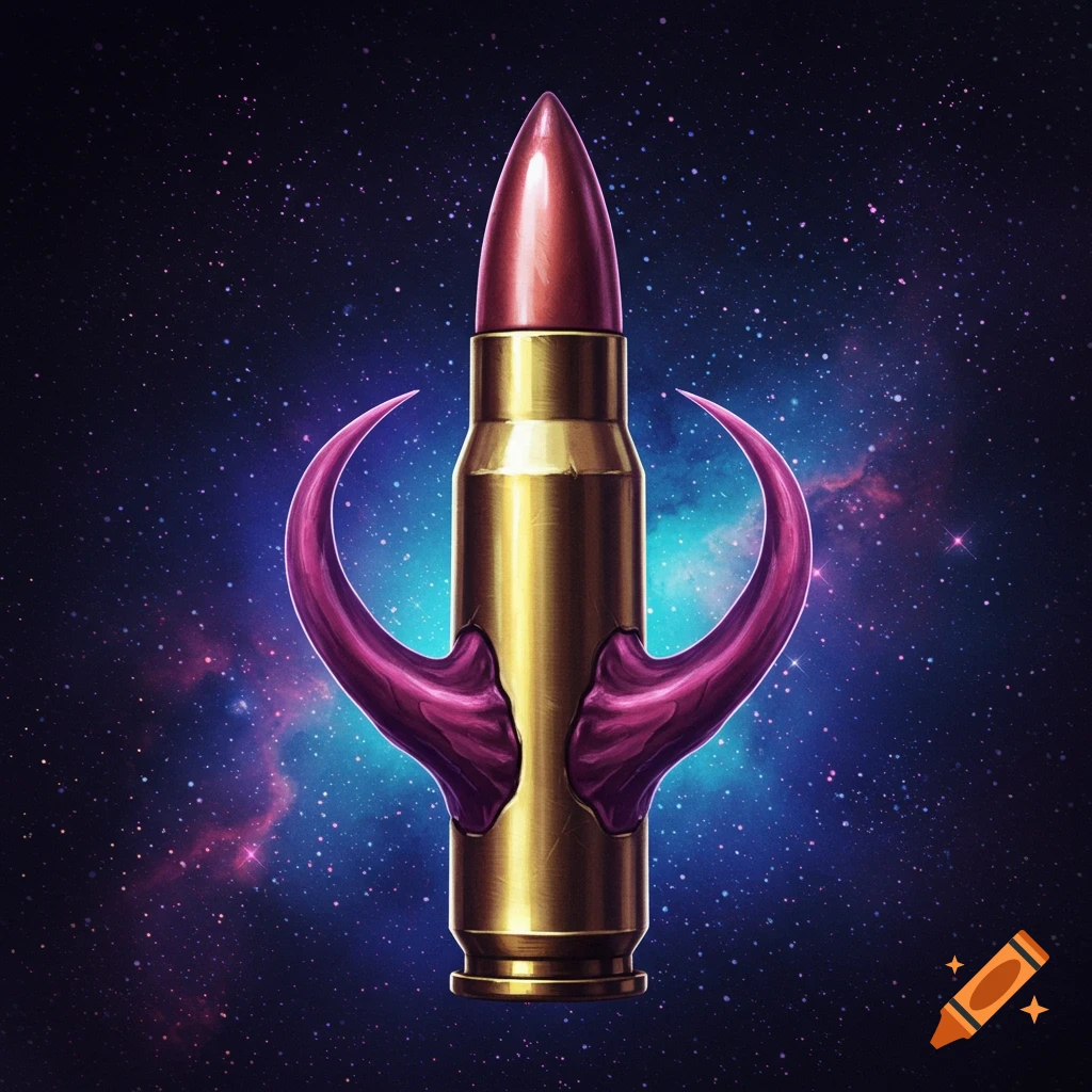A golden bullet with purple horns in outer space