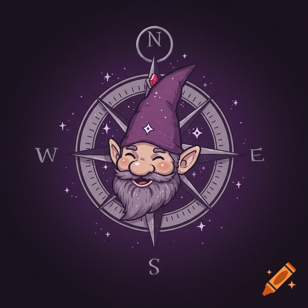 Whimsical illustration of a cartoon gnome face centered in a compass rose.