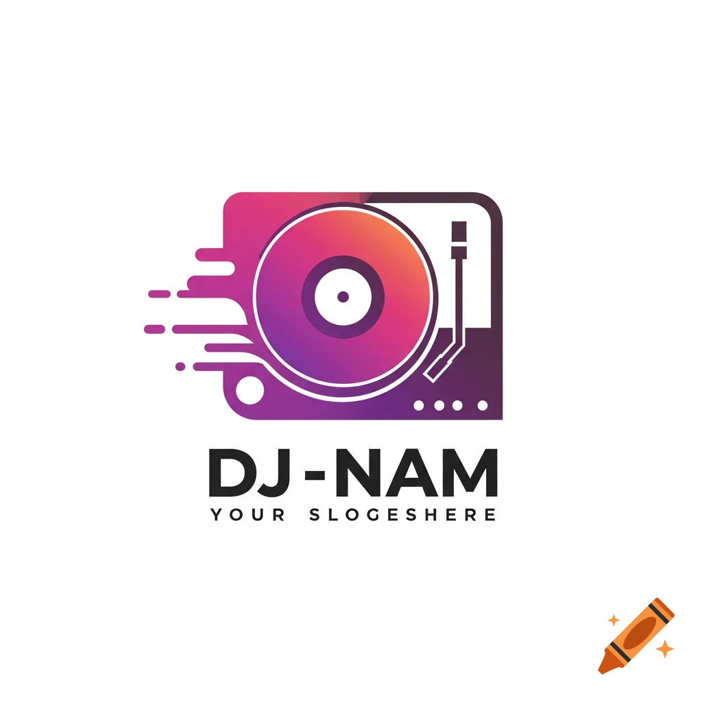 Logo with purple and pink gradient turntable and text 'DJ-NAM YOUR SLOGESHERE'.