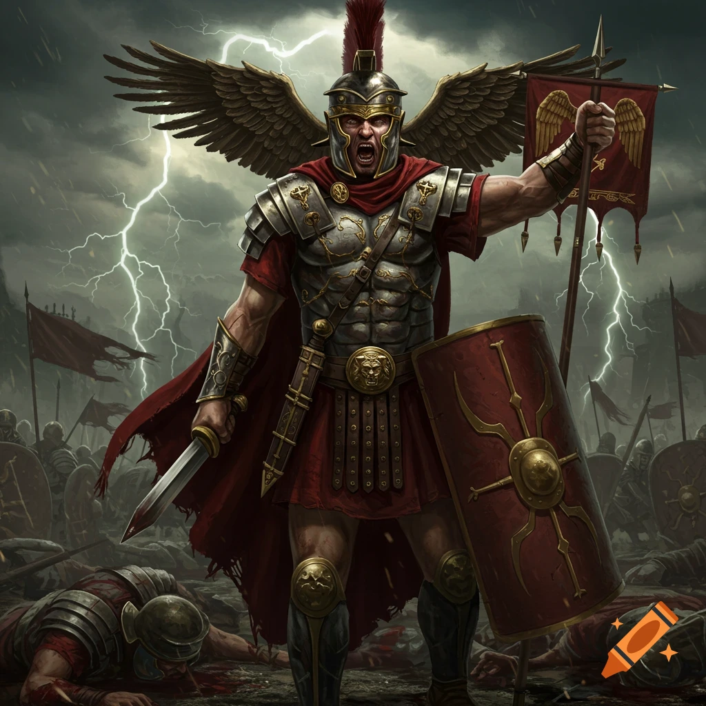 A Roman warrior with wings stands on a battlefield during a lightning storm, holding a sword and standard.