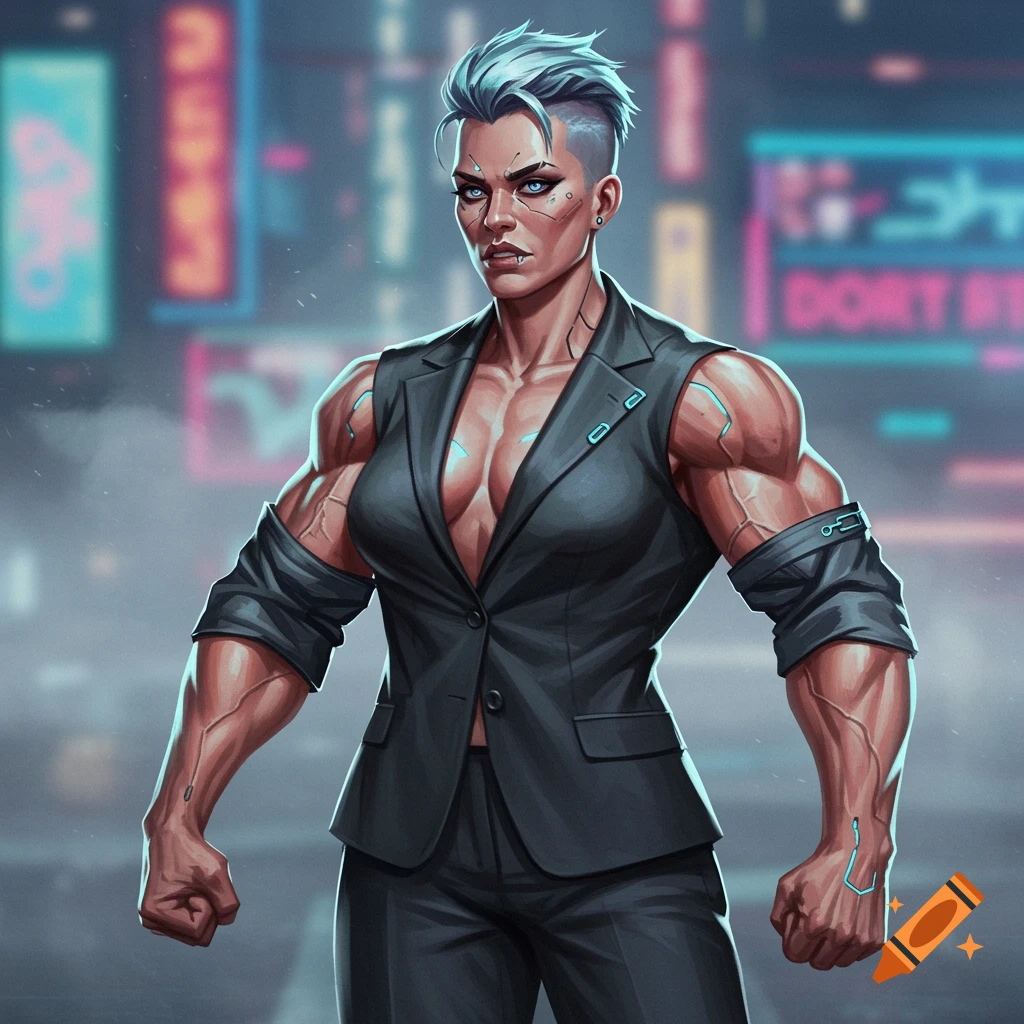 A muscular woman in a suit stands before a neon cityscape.