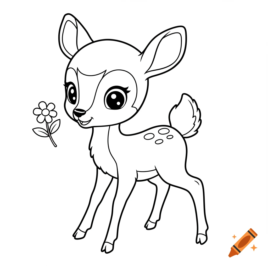 Line drawing of a cute cartoon fawn looking at a flower.