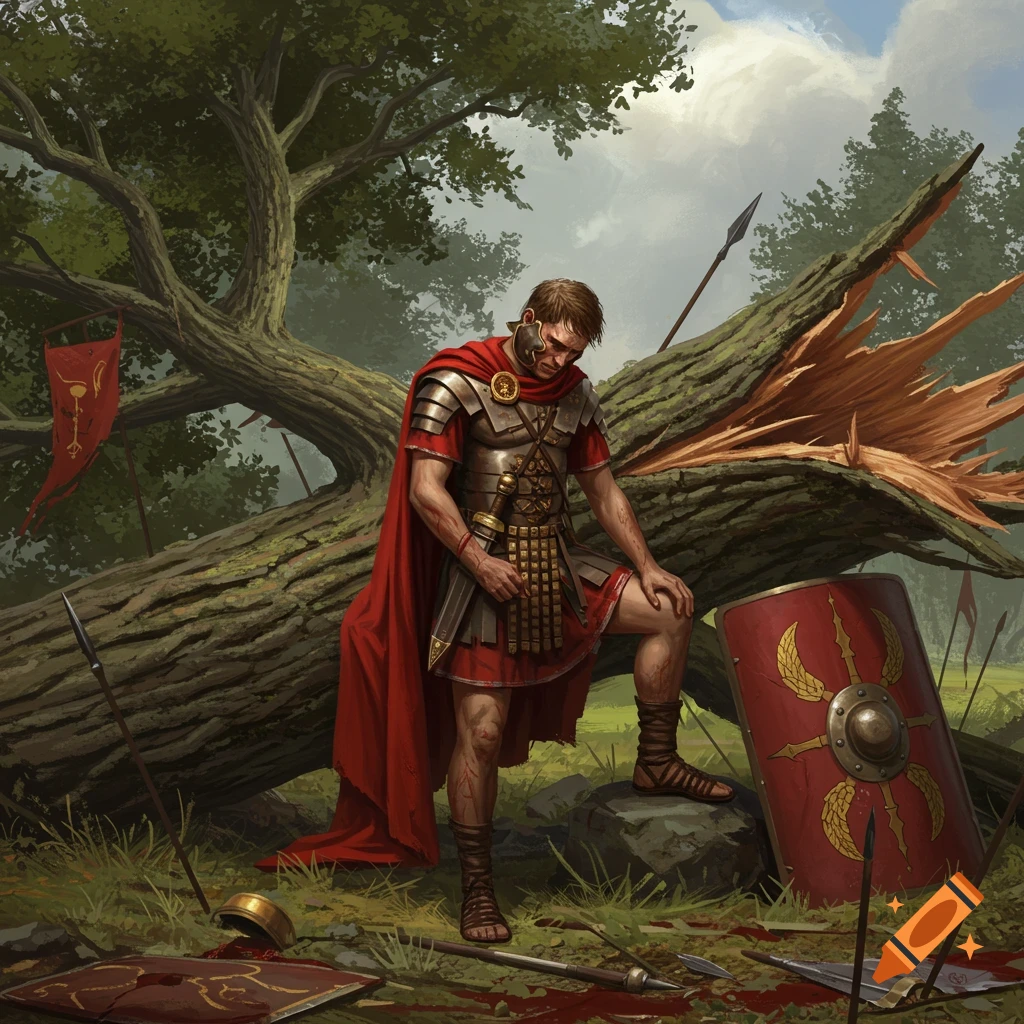 A Roman soldier rests by a fallen tree on a battlefield.