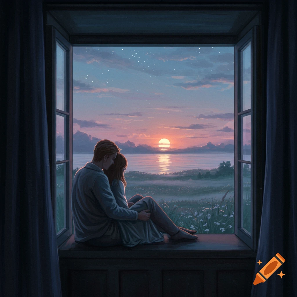 A couple embraces in a window seat, watching the sunset over a landscape.