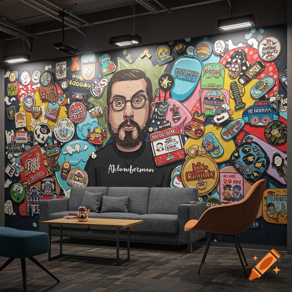 Colorful digital art mural of a man with glasses surrounded by cartoon icons, above a couch and table.