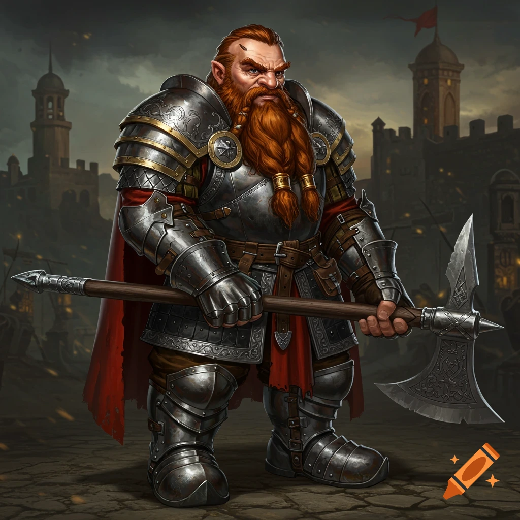 A dwarf warrior in ornate armor holds an axe in front of a castle.
