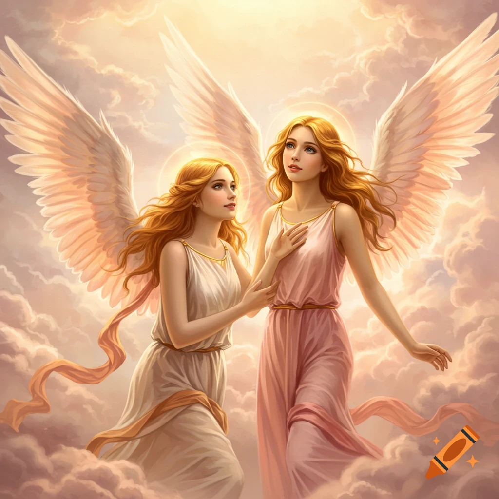 Two angels with large wings stand in clouds.