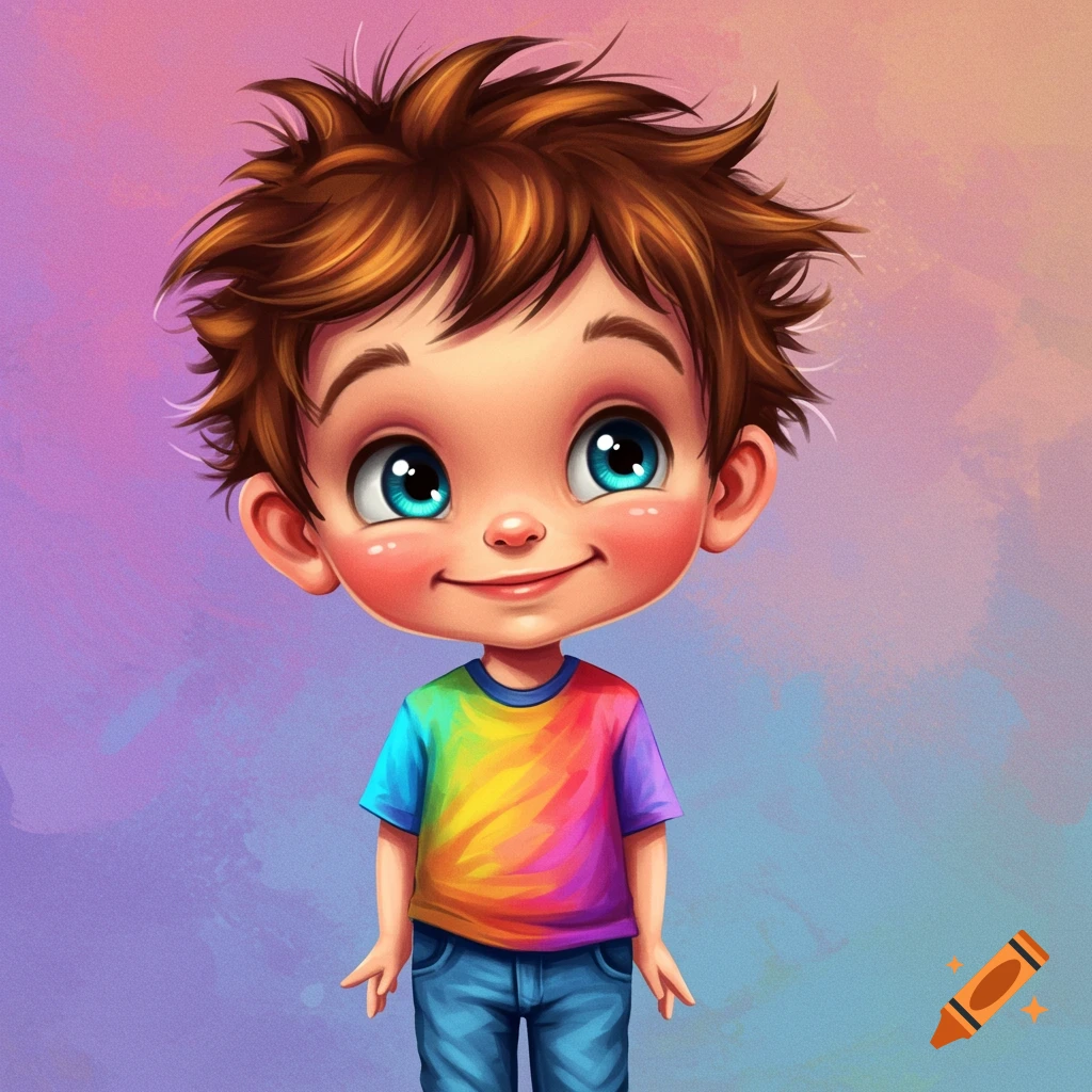 Cartoon boy with brown hair, blue eyes, rainbow shirt, and jeans, smiling, digital art.