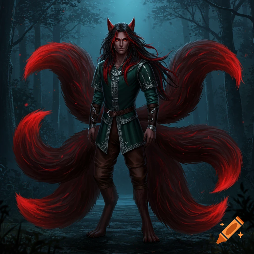 A male kitsune character with multiple red tails, red eyes, and dark hair with red streaks wears green medieval clothes in a dark forest.
