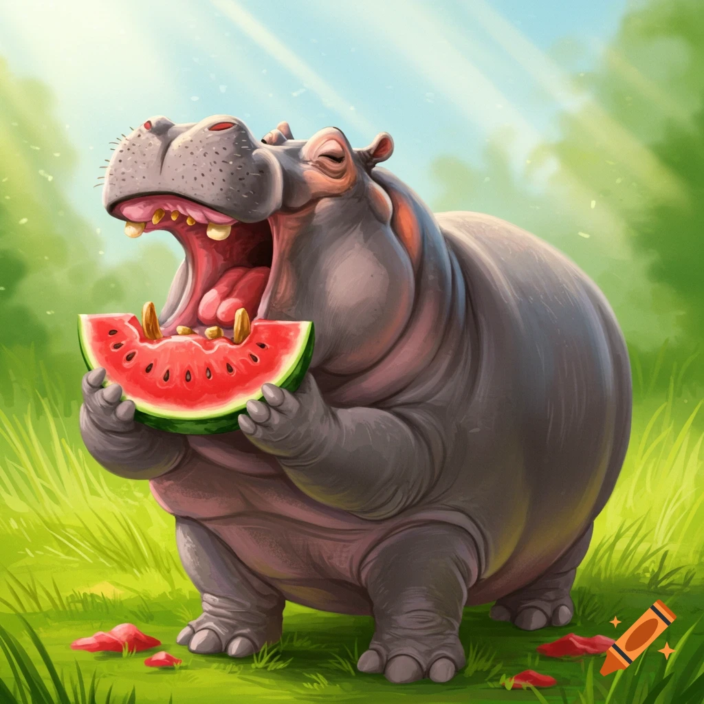 A happy hippo is eating a slice of watermelon in a grassy field.