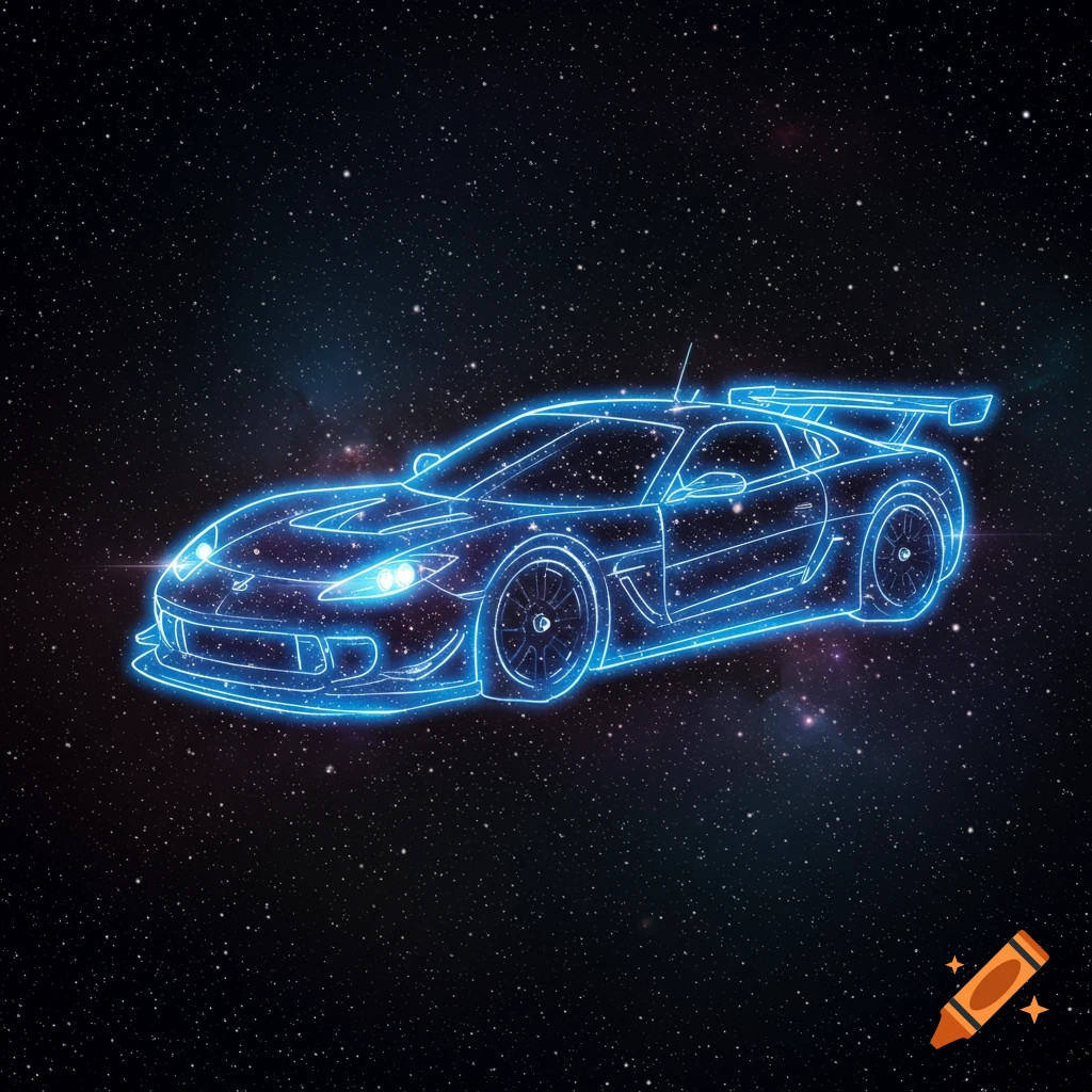 A glowing blue outline of a race car against a starry space background.