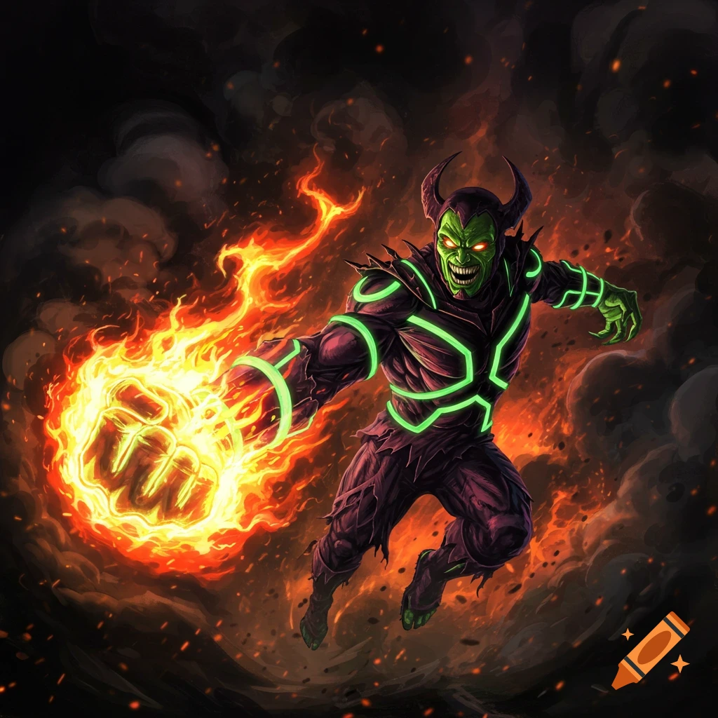 A green-skinned villain with horns and glowing suit shooting fire from his fist.