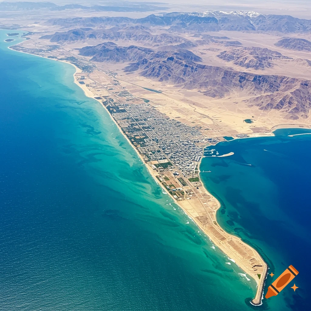 Aerial view of a coastal city on the sea with mountains in the background.