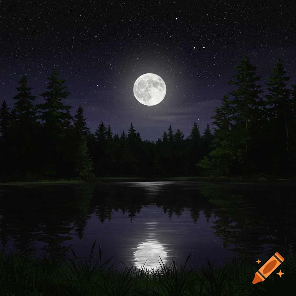 A full moon over a lake reflecting its light at night, surrounded by trees and stars.