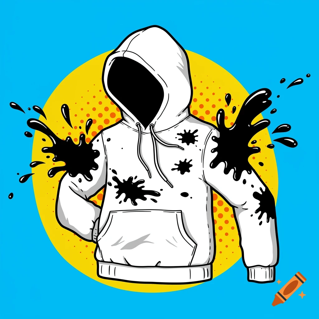 Cartoon illustration of a white hoodie covered in black paint splatters on a yellow and blue pop art background.