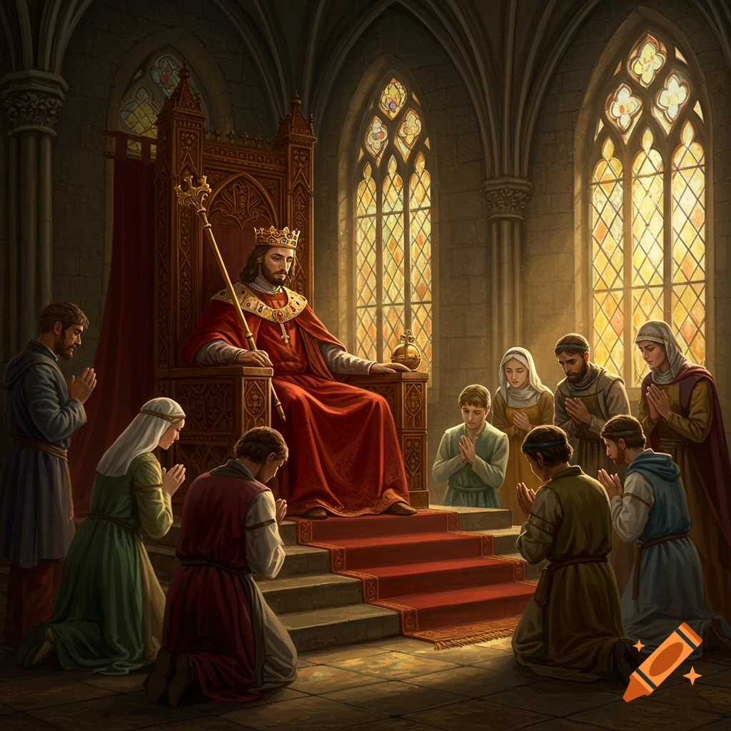A medieval king is seated on a throne as several people kneel before him in a grand hall.