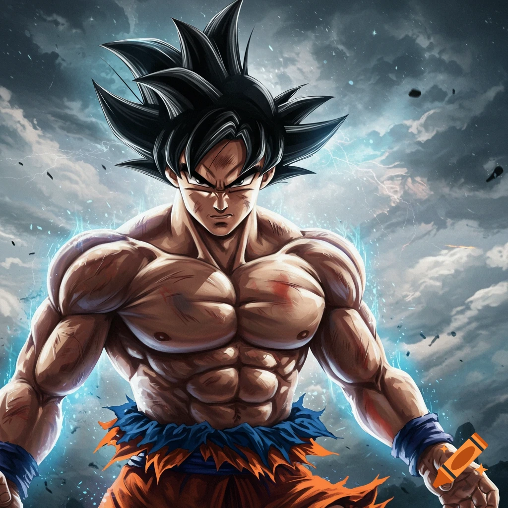 A muscular Goku against a stormy sky with blue energy effects.