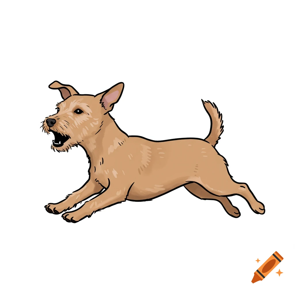 Basic drawing of a small tan dog with perky ears running and barking