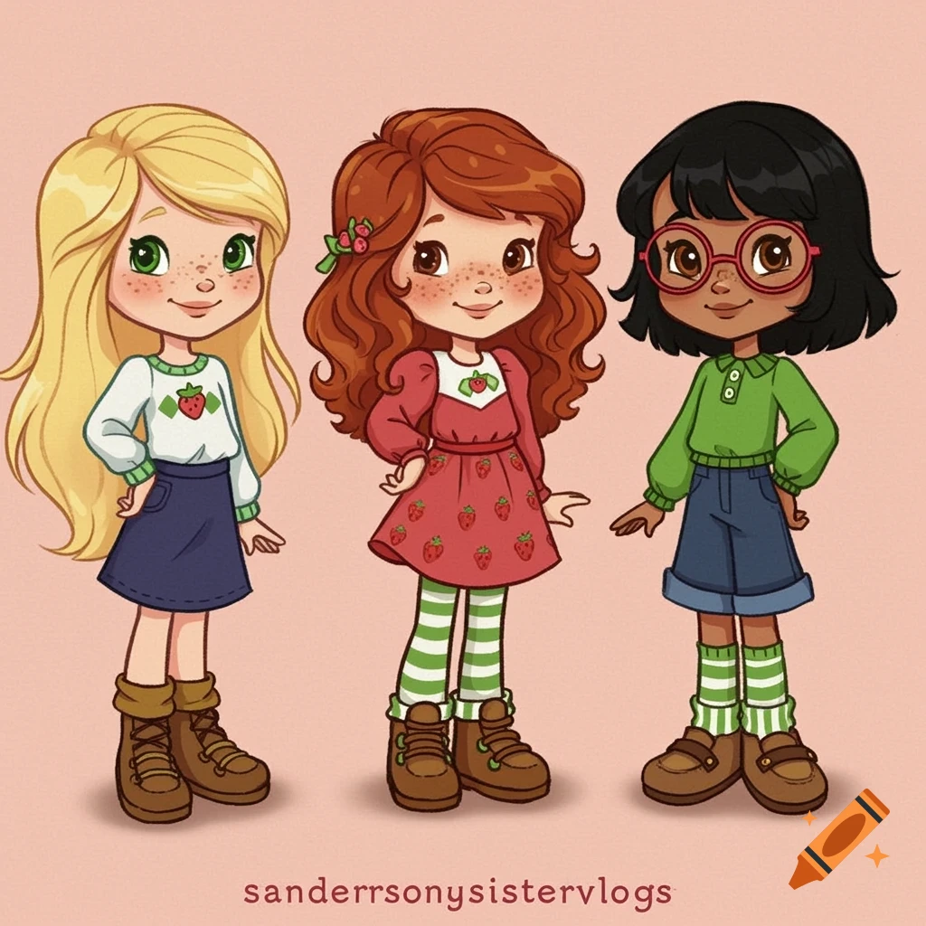 Illustration of three cartoon girls with different hair colors and outfits standing on a pink background.