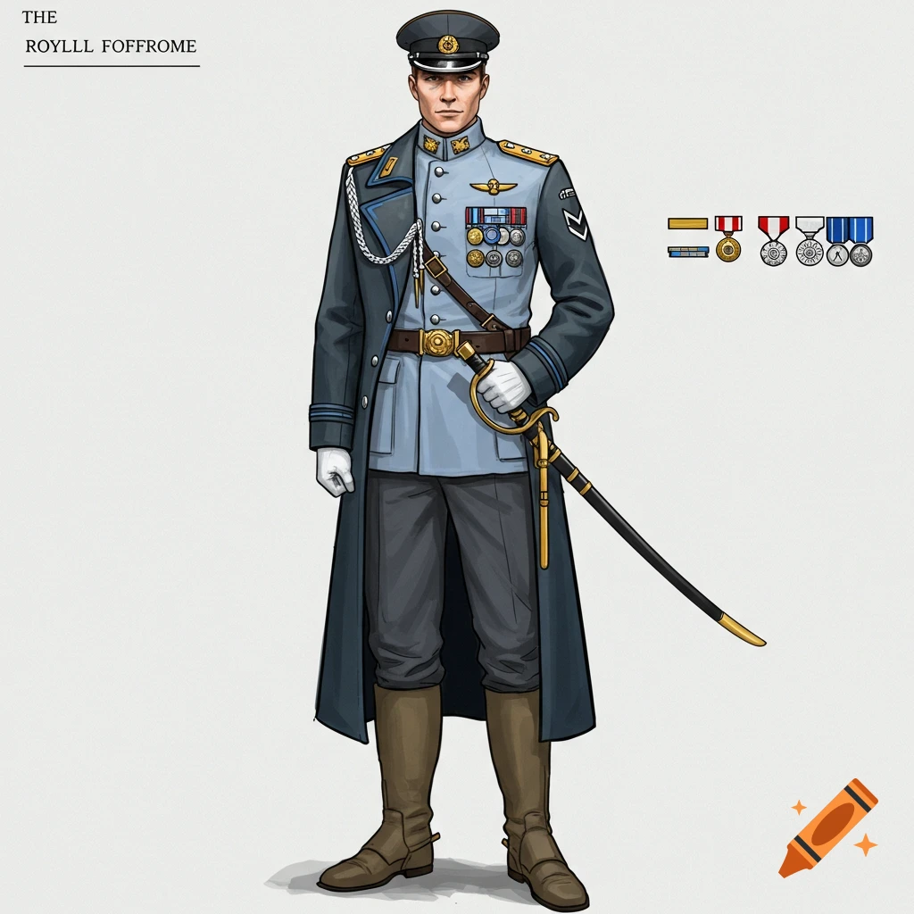 A man in a light blue-gray and dark gray military dress uniform with medals and a sword.