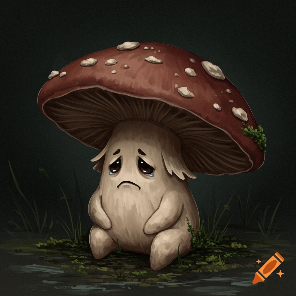 A sad mushroom character sits on the ground.