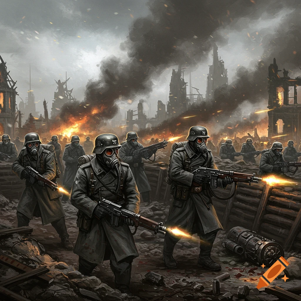 Soldiers in gas masks and long coats fighting in a ruined city.