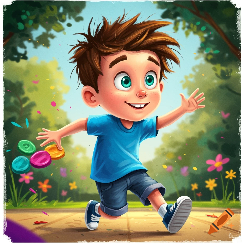 A vibrant cartoon of a young boy running in a park with confetti.
