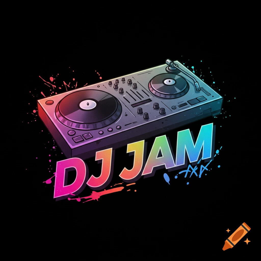 Stylized illustration of a DJ turntable with colorful text 'DJ JAM' below.