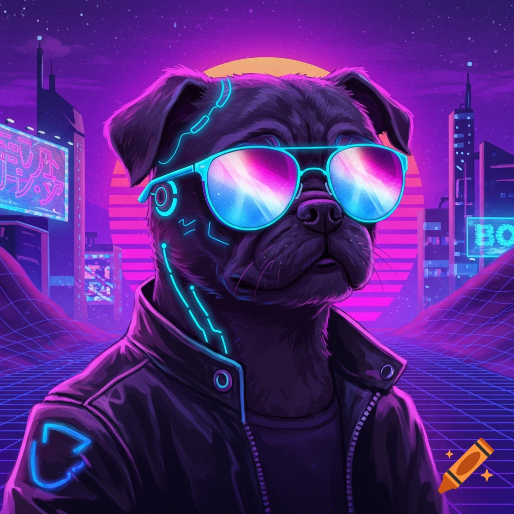 A pug wearing sunglasses and a jacket in a neon synthwave city.