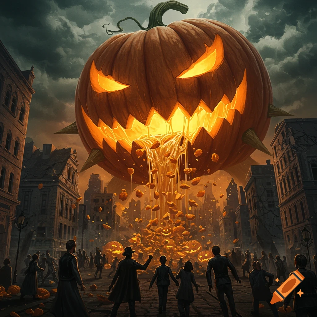 A giant scary jack-o'-lantern pumpkin hovers over and attacks a city street with people.