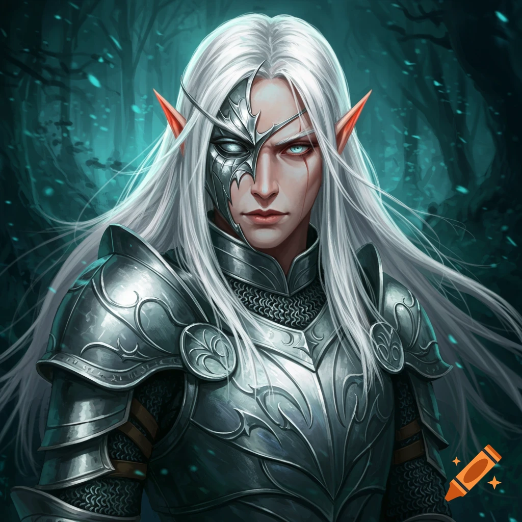 A white-haired elf in ornate armor covering one eye.