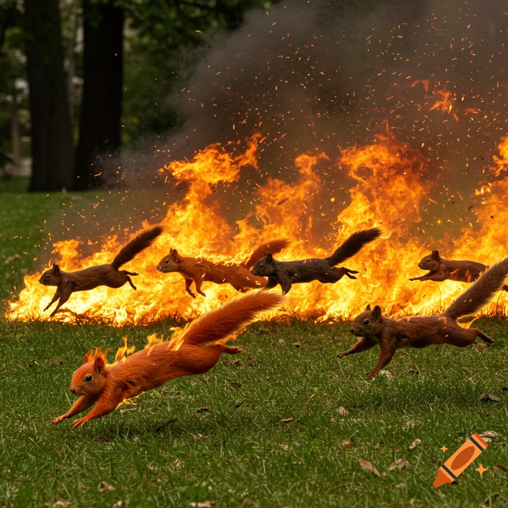 Several squirrels run away from a large fire in a grassy area.