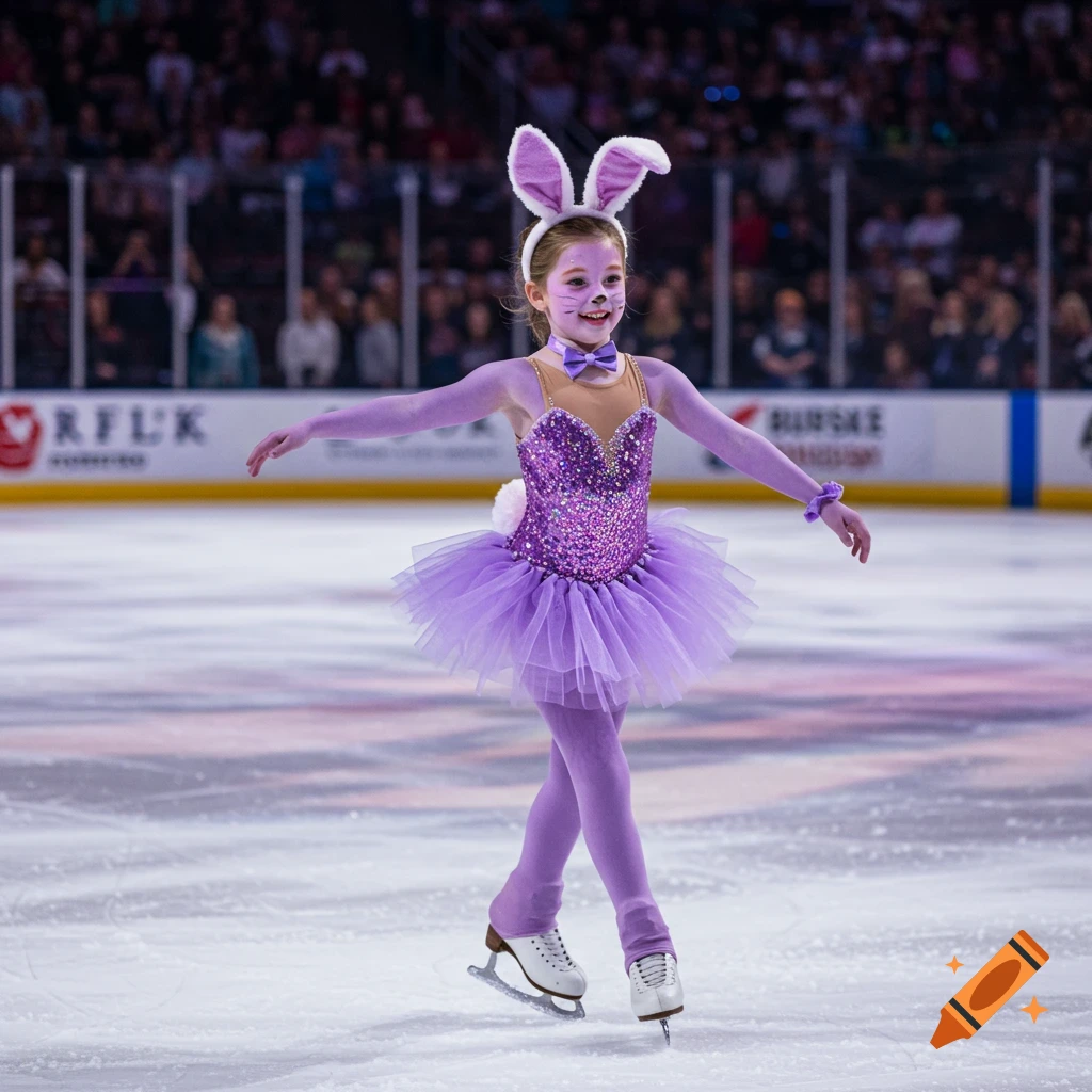 A young girl figure skates in an arena, wearing a purple Easter bunny costume with ears and face paint.