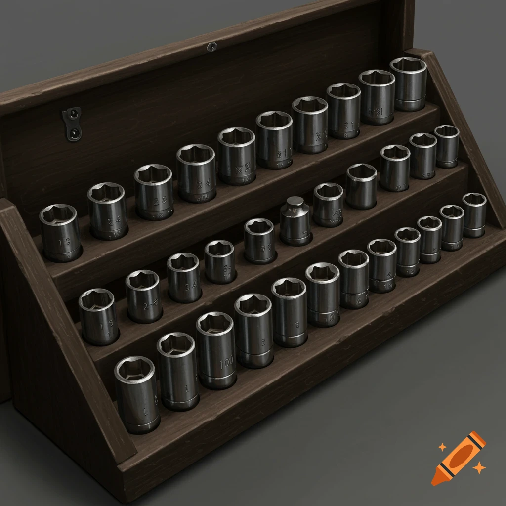 A close-up view of a wooden tool holder filled with various sizes of metal sockets.