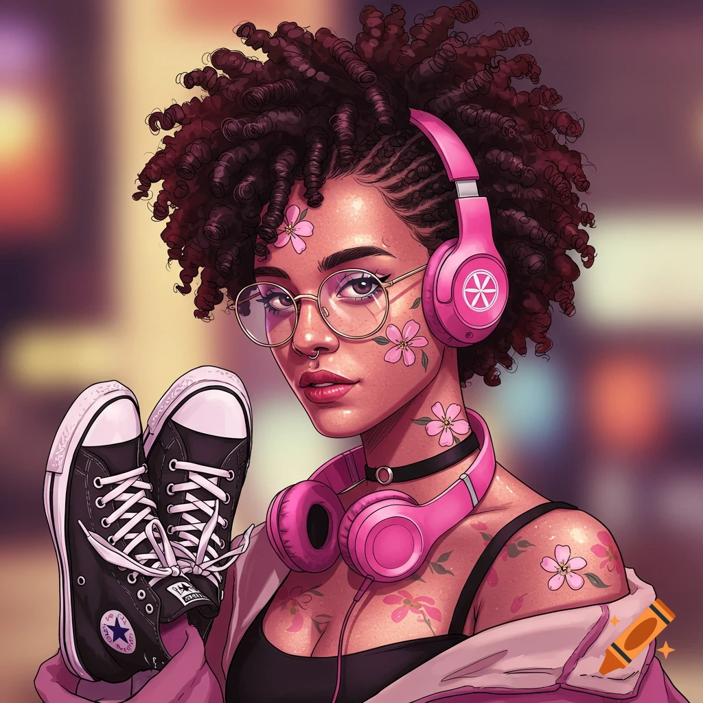 Painting of a woman with curly hair, glasses, and pink headphones holding black converse shoes. She has pink flowers on her face and body.