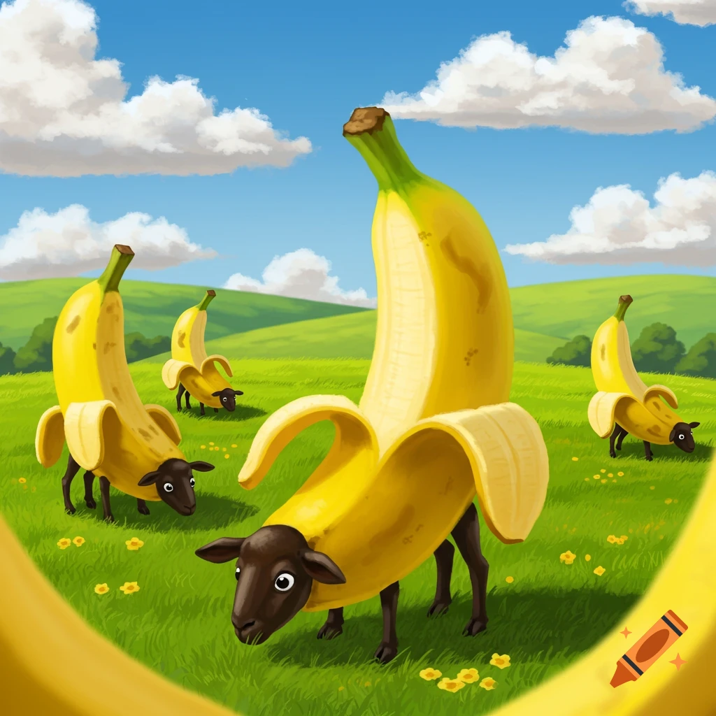 Banana sheep grazing in a grassy field under a blue sky.