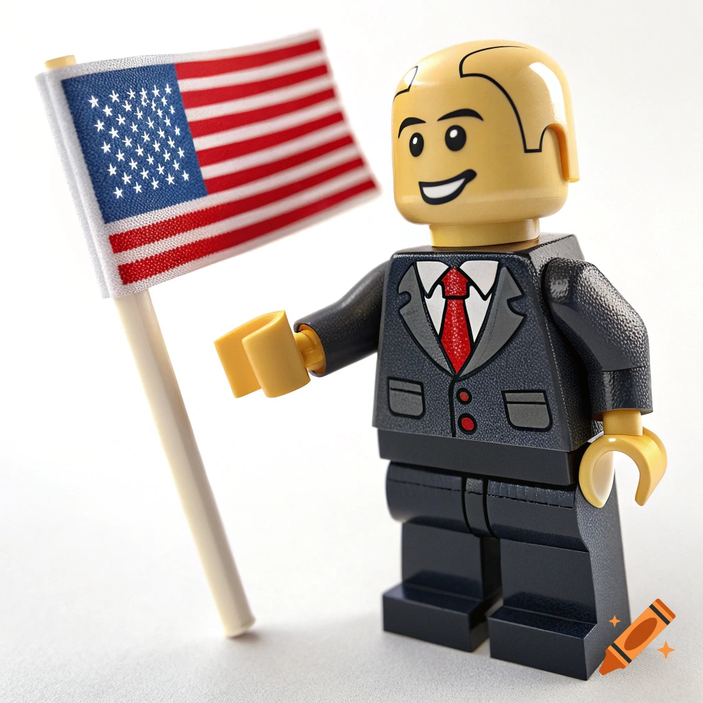 A Lego minifigure in a suit holds a small American flag.