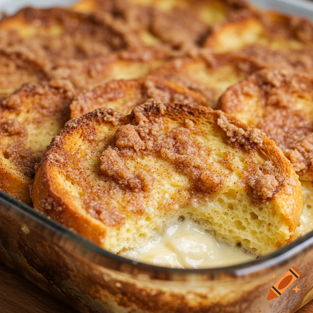 Close-up of brioche french toast casserole with cinnamon struesel and vanilla creme custard in a glass dish.