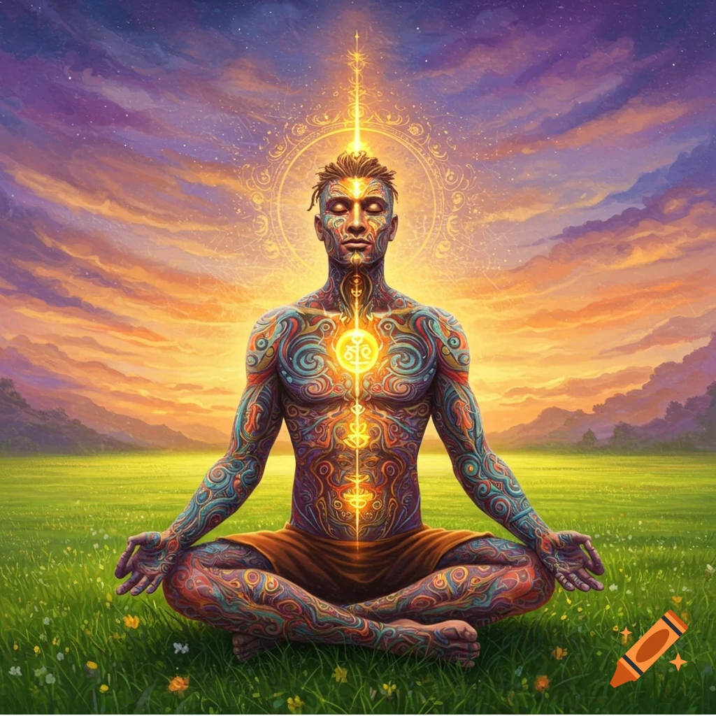 Spiritual man meditating in a field at sunset, covered in vibrant, glowing body art.