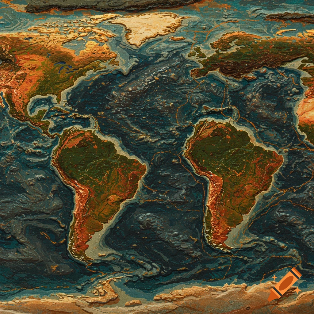 A textured world map showing continents and oceans.