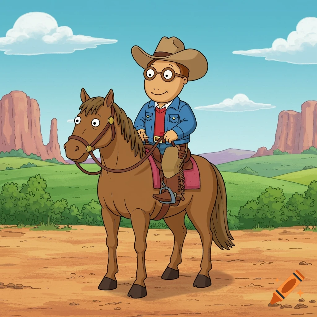 Cartoon of Arthur Read the aardvark in a cowboy hat riding a horse in a western landscape.