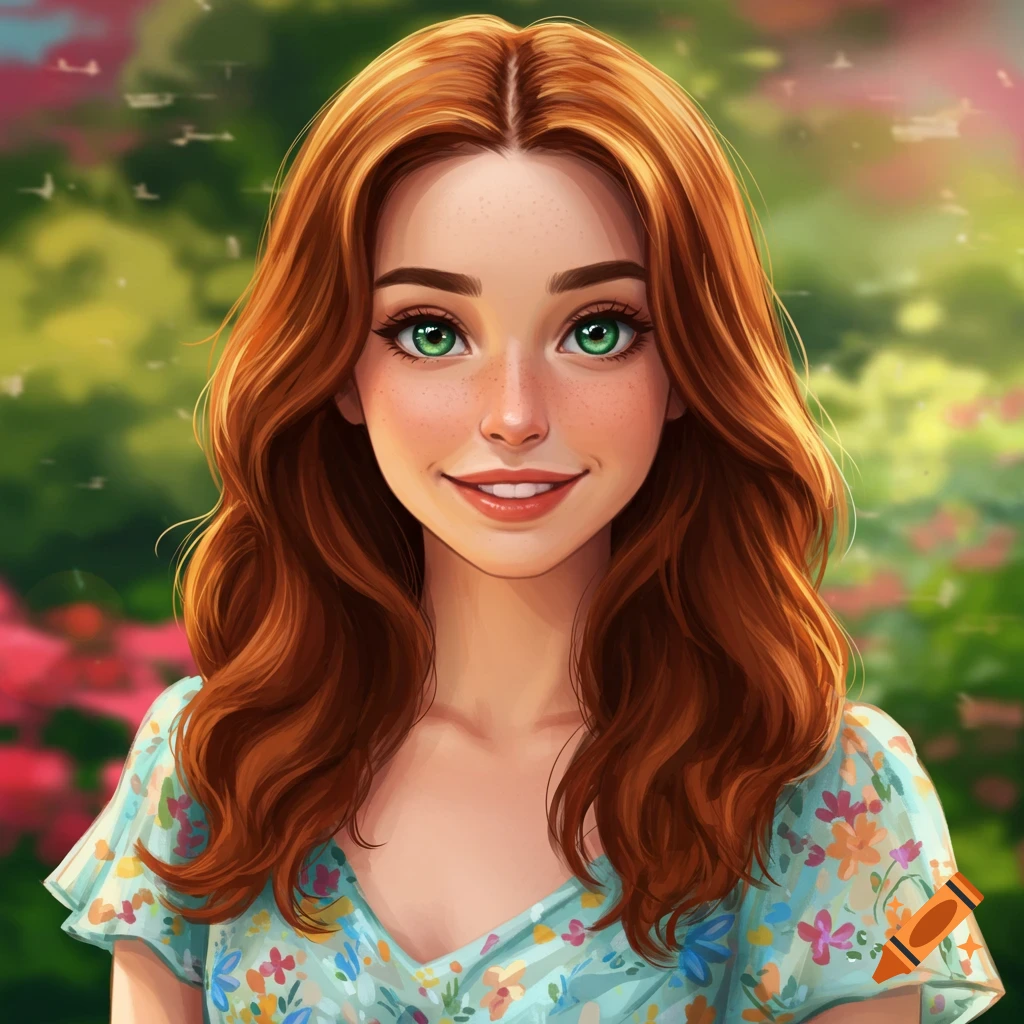 A smiling woman with red hair and green eyes in a floral dress