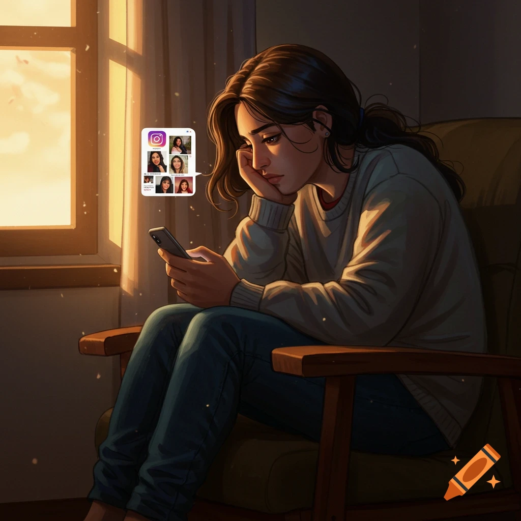 A woman looks at her phone, deep in thought about social media.