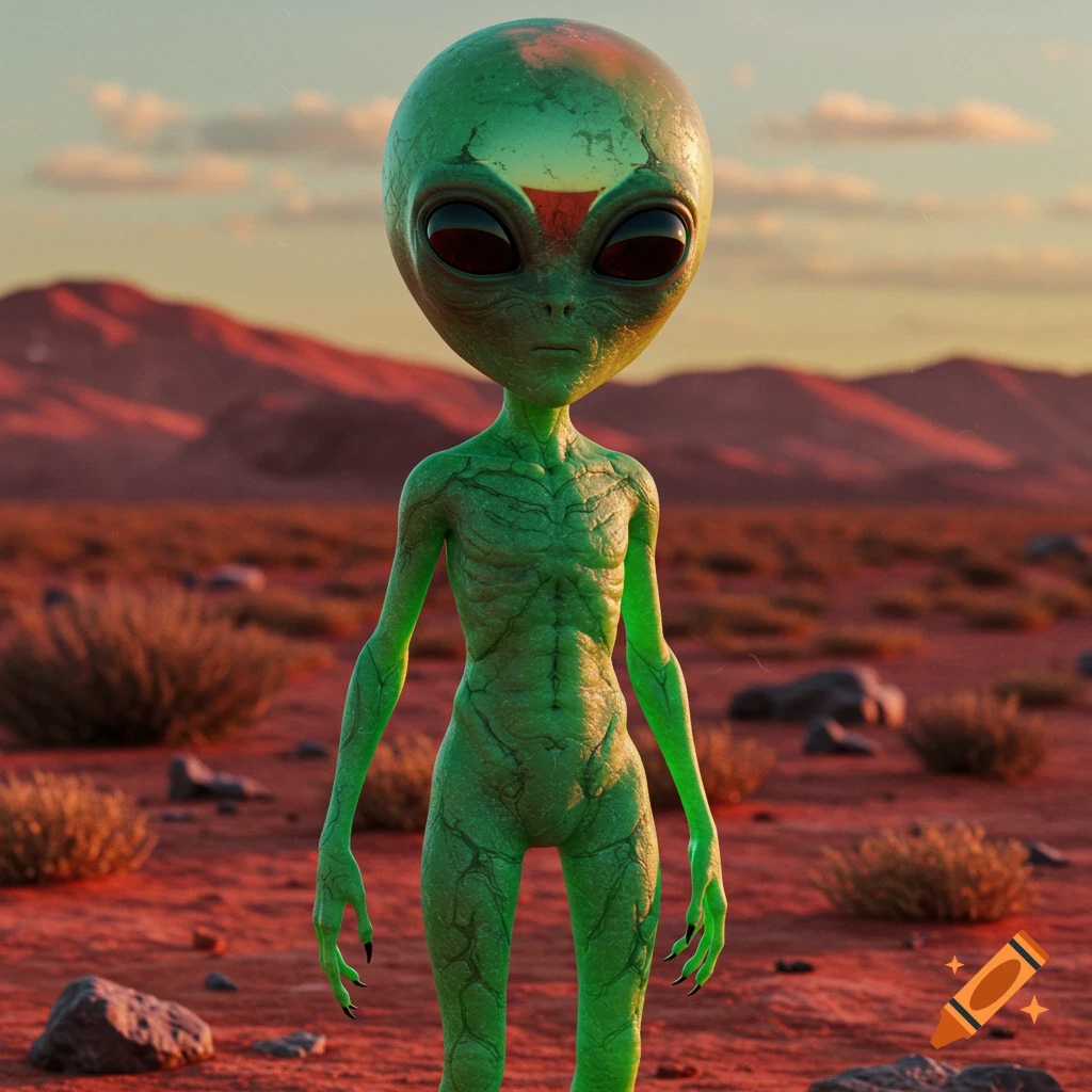 A green alien stands in a red, rocky desert landscape at sunset.