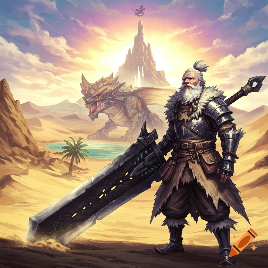 An old warrior with a giant sword facing a dragon in a desert with an oasis and mountain.