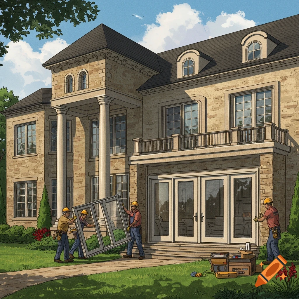 Workers installing a large patio door on a grand mansion.