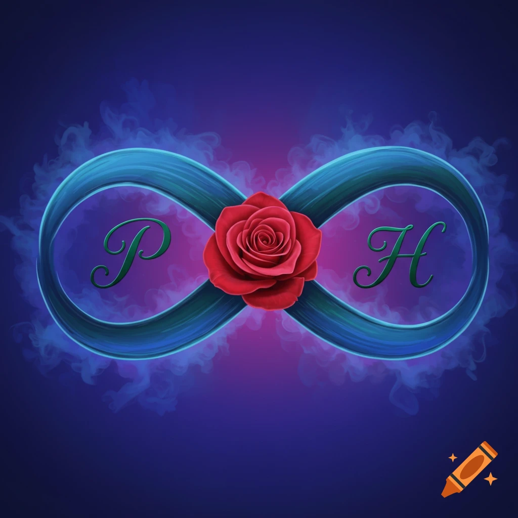 A blue infinity symbol with a red rose and green initials P and H on a smoky background.