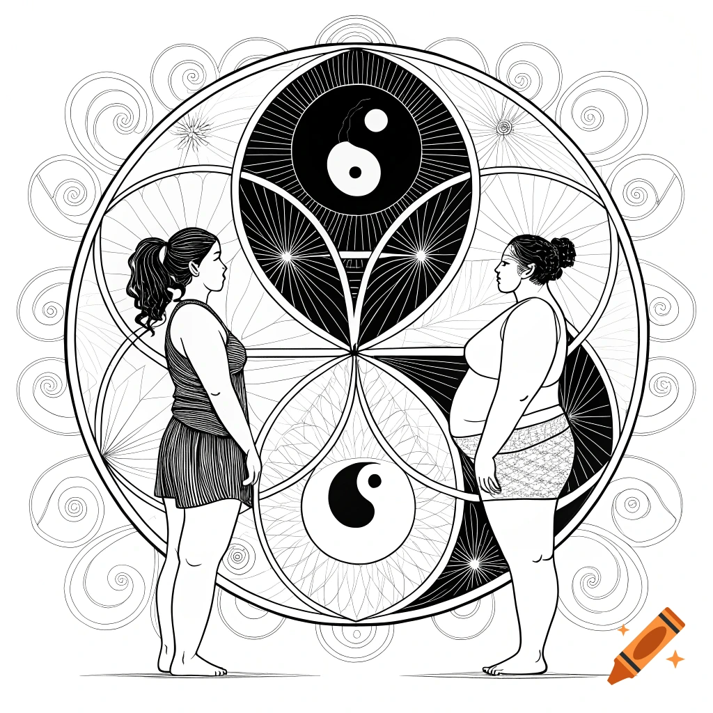 Black and white line art of two women beside a large circular mandala with Yin Yang symbols.